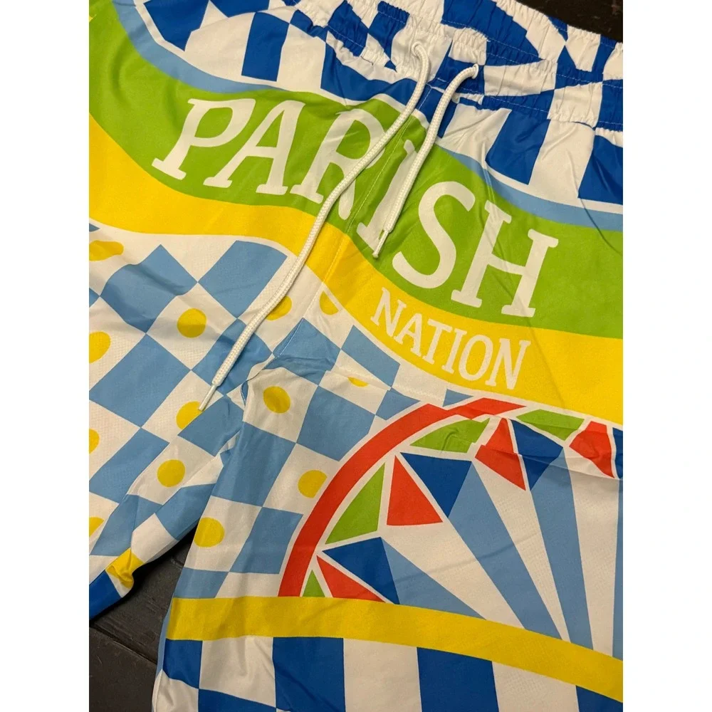 Parish Nation Mens XL Swim Trunks Blue Yellow Geometric Graphic Mesh Shorts